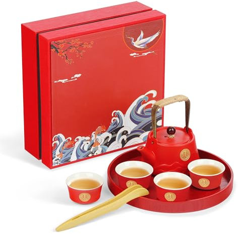 fanquare Chinese Kung Fu Tea Set Red Porcelain Japanese Travel Tea Pot Sets, China Tea Service for Men Women Gifts