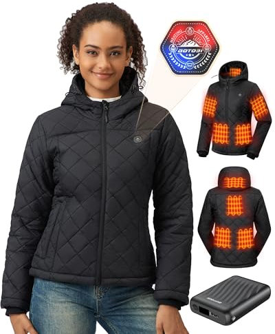 GOTOBI Veste Chauffante Femme Avec Batterie Incluse De 18400 Mah 12v, 8 Zones De Chauffage,Manteau Chauffant Femme Avec 3 Niveaux De Tempé pour activités en plein air,noir,XS