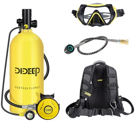 DIDEEP Diving Tank Equipment, 3L Oxygen Cylinder Diving Water Bottle Diving Set (Diving Four Piece Set 3L Respirator+Face Mirror+Quick Connector+Backpack Clip) (yellow)