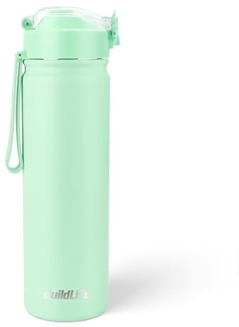 BuildLife Trinkflasche Edelstahl mit Strohhalm, 720ML Isoliert Trinkflasche Auslaufsicher, Spülmaschinenfest Flasche, Doppelwandig Sporttrinkflasche,BPA Frei Wasserflasche (Hellgrün)