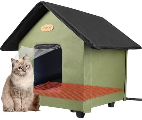 Beheiztes Katzenhaus, Katzenhaus Outdoor Winterfest Wasserdicht mit erhöhtem Sockel, faltbares Katzenhaus für Wildkatzen, Gemeinschaftskatzen und kleine Hunde (Grün)
