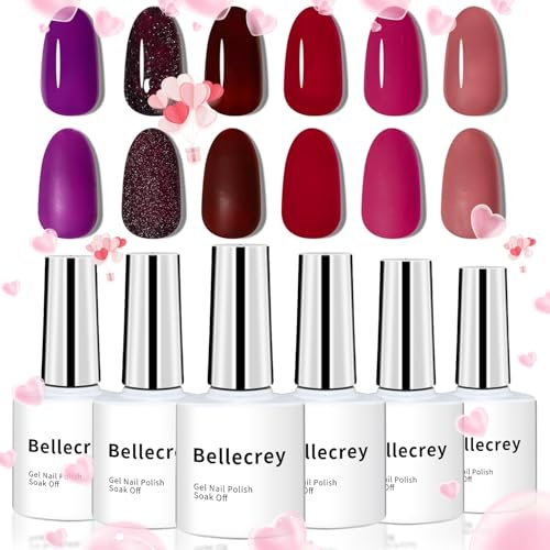 Purple Gel Nail Polish Set, Burgundy Light Pink Gel Nail Polish Bright Rose Red Glitter Nail Gel Polish Soak Off Nail Polish Gel Kit Sweet Love Festival Nail Art