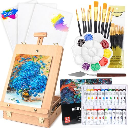 41Pcs Wood Tabletop Easel Box Set, Beechwood Tabletop Easel Stand with 3Pcs Canvasses 24 Paints 10 Brushes Art Easel Acrylic Paint Set Painting Set for Adult Student Artist Beginner