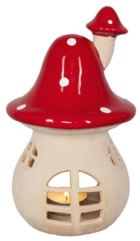 HGD Teelichthalter Pilz aus Terracotta - Fliegenpilz-Deko in 20,3 cm - herbstliche & winterliche Kerzenhalter-Dekoration - handgefertigte Märchenwald-Optik - warmes Licht - Geschenkidee