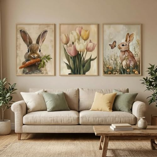 Xiyocadt 3er Poster Set,Vintage Ostern Bilder Set, Hase Bilder Kunstdrucke Wandbilder, Tulpen, Schmetterlinge,Bilder Kinderzimmer Deko,Geschenk Mädchen Jungen, Ohne Rahmen (50x70cm)