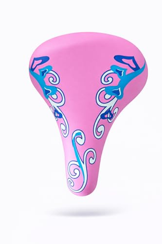 Sella per Bicicletta Bambina con Design Decorativo, Sedile Imbottito con Base Rosa, Stile Artistico con Motivi Blu
