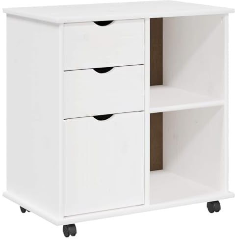 vidaXL Rollschrank Mit Rad Weiß 63,5 x 39 x 65,5 cm Massivholz Kiefer, Mobiler Rechteck-Schrank für die Arbeit, großer Stauraum, Holz-Organizer, modernes Büro, vielseitiges Design