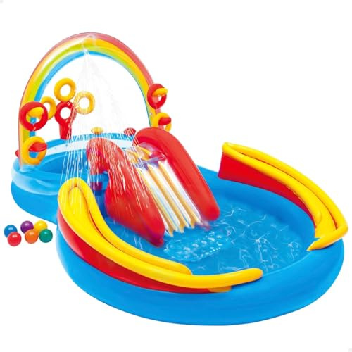 Piscina Doppia Arcobaleno Gonfiabile per Bambini 297x193x135 cm giardino casa con Scivolo e Spruzzi d’Acqua – Centro Giochi Acquatico da Giardino con Palline e Anelli, dai 3 Anni +