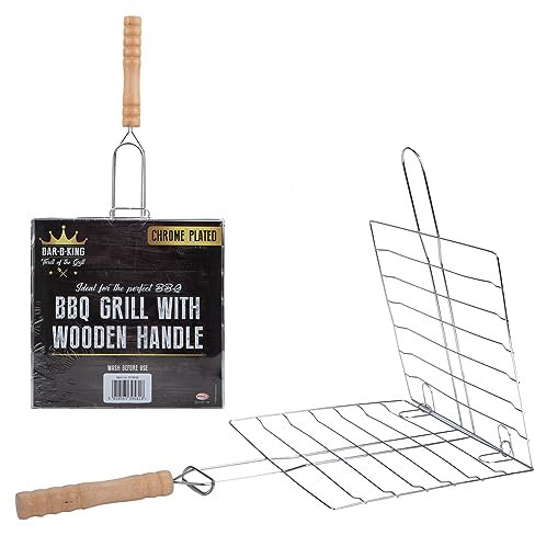 Bar B King Stylish Chrome Plated BBQ Grill With Wooden Handle - 20cm x 20cm (1 Pc.) - Durable Quality - Ideal for Outdoor Cookouts, Silver