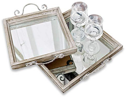 Loberon Tablett 2er Set Tess, Zwei Größen, glamouröser Vintage-Stil, zierende Henkel, Serviertablett, Tischdekoration, Tischaccessoires, Tannenholz, Glas, Stahl, grau/Silber