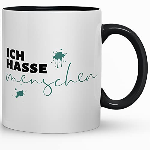 Kaffeebecher24 - Tasse mit Spruch - Ich hasse Menschen - Handarbeit - Made in Germany, 330 ml (Klecks schwarz)