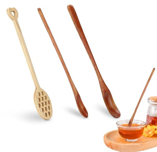 Agatige 3Pcs Long Handle Wooden Spoon Set, Honey Dipper Spoon Cooking Mixing Stirring Spoon for Coffee Tea, Espresso, Hot Drinks