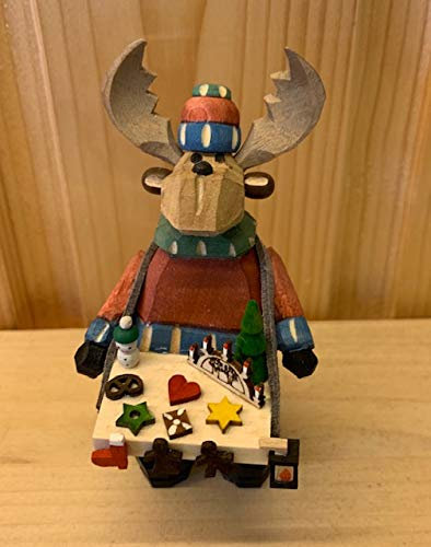 Rudolphs Schatzkiste Holzfigur Elch mit Bauchladen geschnitzt Höhe 10cm NEU Figuren Schnitzen Holz Wald Figur Kirche Erzgebirge Seiffen Weihnachten Spielzeug Dekoration Tischdeko Kurrende