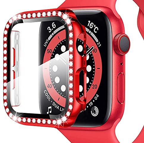 Miimall Funda para Apple Watch Series SE/6/5/4 40mm 44mm, Funda de PC con Bling Diamond para Mujer [Protector de Pantalla Vidrio Templado], Antiarañazos Carcasa Protectora para iWatch 44mm-Rojo