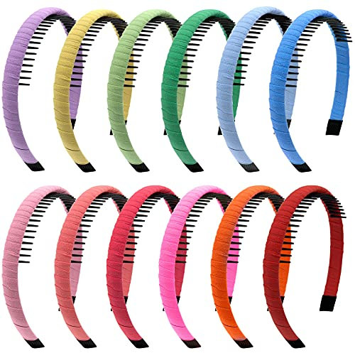 Duufin 12 Pieces Teeth Comb Headband Hair Hoop Hairband Colourful Satin Covered Headbands Non-slip Hair Accessories for Women Girls, Candy Colours
