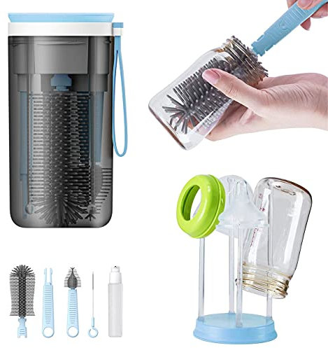 Travel Baby Bottle Drying Rack with Bottle Cleaning Brush Set and Bottle Dryer,Baby Bottle Brush,Nipple Brush and Straw Brush for Baby Bottle Cleaning,Blue