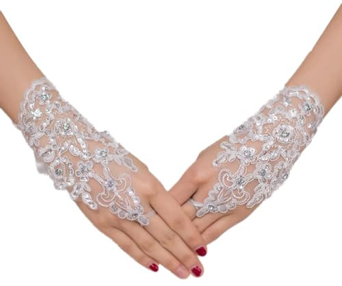 Ekakashop Damen-Handschuhe, kurze Handschuhe für Damen, Brauthandschuhe aus Spitze, Handschuhe mit Strass, Brauthandschuhe ohne Finger, Hochzeitshandschuhe, sexy Retro-Stil, Weiß