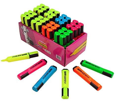 Eziglide Highlighters Pens 48-Pack, 5 Assorted Colours - Neon Assorted Chisel Tip Marker for Bold & Fine Marking, 1-4.5mm Line for Clear Marking, Ideal for Schools, Universities, & Offices