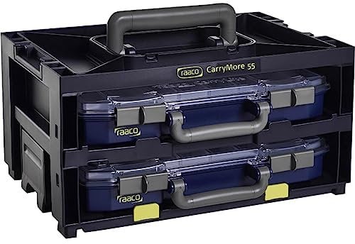 raaco CarryMore 55x2: Leicht Sortimentskasten für Werkstatt, Kistenberg mit 2 Sortierkasten für Kleinteile, Traglast 25 kg, Sichere Aufbewahrungstransport, Kleinteilemagazin 27.8 x 38.6 x 19.5 cm