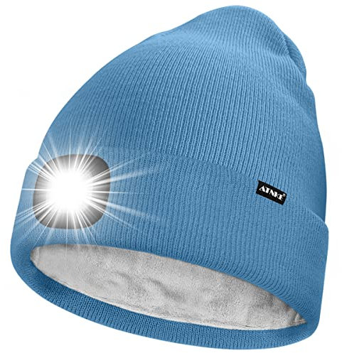 ATNKE LED Mütze mit Licht,Wiederaufladbare USB 4 LED Beleuchtete Laufmütze Extrem Heller Lampe Winter Warme Gefüttertes Fleece Stricken Mütze für Herren und Damen Geschenke/Magnolia Blue