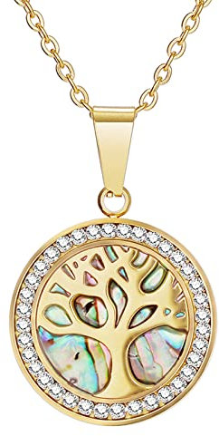 Rofusn Lebensbaum-Halskette Damenhalskette aus Edelstahl Mit durchbrochenem Muschel-Anhänger Zirkon-Lebensbaum Elegante Damen Mädchen Geschenke Gold Silber