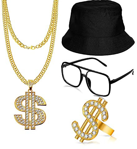 VISTYL 4 Stück Hip Hop Kostüm Set, Hip Hop Kostüm Kit Hut, Bucket Hat, Goldkette, Sonnenbrille, Goldring, 80s/90s Rapper Accessories, for Men And Women