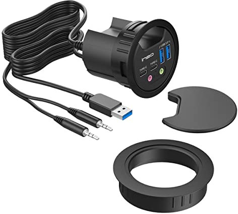 HUB USB 3.0 | ineo | 4 Puertos | 2 USB-C | 2 USB A | Audio I/O | Montaje en Orificio de Escritorio de 60 mm | Longitud del Cable 150 cm | Cubierta Protectora contra el Polvo | Anillo de Montaje 80 mm