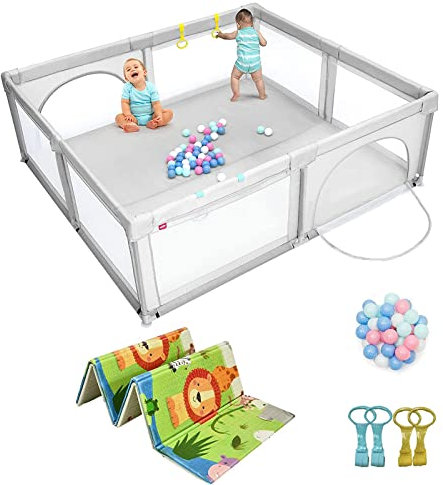 COSTWAY 206 x 186cm Baby Laufstall mit Matratze, Laufgitter mit 50 Spielbällen & atmungsaktivem Netz, Krabbelgitter mit 2 Türen, Laufgitterzelt für Säuglinge & Kinder(Grau, Grün Matratze)
