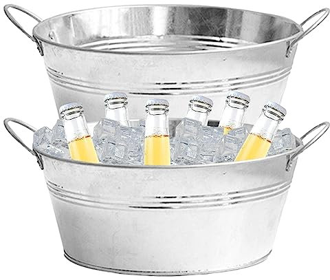 Hemore Zink-verzinktes Pflanzer, 2pcs große runde, verzinkte Wanne mit robusten Griffen, Metallblütenschaufel, multifunktionaler Wanne zum Pflanzen, Getränkekühler, Eisklammer (9,76 x 4,33 Zoll)