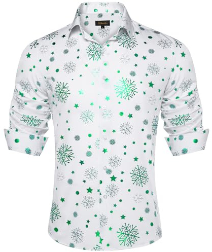 DiBanGu Weihnachtliches Hemd für Herren, Weihnachten, Urlaub, Party, Hemd, langärmelig, lustig, Schneeflocke, lässig, Button-Down-Shirt, Größe S-3XL, Weiße und grüne Pailletten, Klein