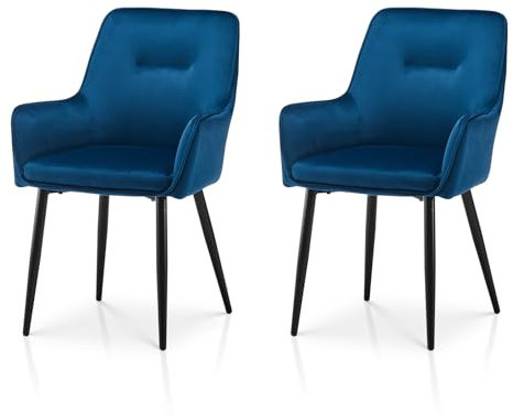 TUKAILAI Esszimmerstühle 2er-Set aus Samt, Küchenstühle mit Armlehnen, Freizeitstühle mit Metallbeinen und Kissen, Esszimmer, Wohnzimmer, Schlafzimmer, Empfangsraum, Restaurant，Blau
