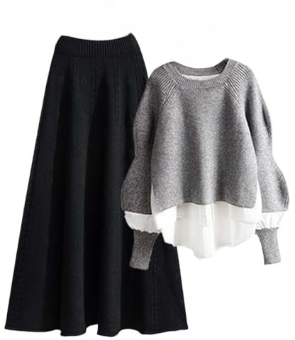 Zweiteiliges Strickset Für Damen Rock Grauer Pullover Mit Rundhalsausschnitt Und Schwarzer A Linien Strickrock Lässig Trendig 2 Teiliges Strickset Herbst Und Winter Eleganter Pullover Midi Strickr