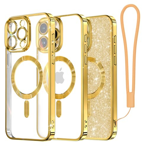 Meifigno Clear Hülle Kompatibel mit iPhone 15 Pro, [Kompatibel mit Magsafe][Glitzer Karte & Handschlaufe] Kameraschutz Transparent Case für iPhone 15 Pro 6,1’’ Frauen Mädchen, Gold