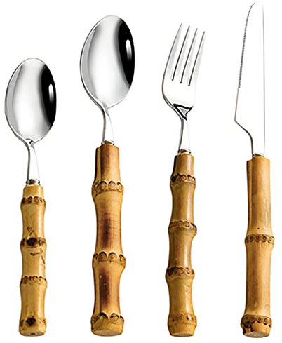 WyldSenc Juego de cubiertos de acero inoxidable de 4 piezas con mango de bambú: 1 tenedor, 1 cuchillo de mesa, 1 cuchara de mesa, 1 cucharadita