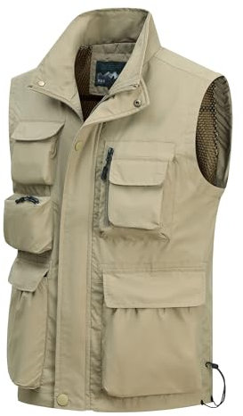 MeiLayM Herren Outdoor Weste mit Vielen Taschen Anglerweste Ärmellose Freizeit Weste Leicht Atmungsaktiv Weste Sommer schnelltrocknend Gilet Jagd Fotografie Sport Weste Khaki,S
