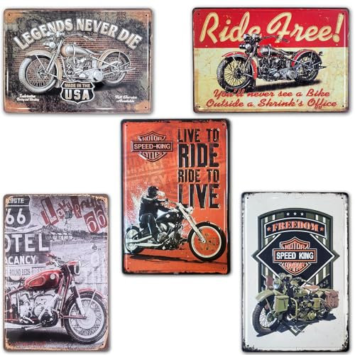 BOEMY Packung mit 5 dekorativen Metallplatten im klassischen Motorrad- und Speed-King-Stil |. Set mit 5 Vintage-Abzeichen | Retro-Motorrad-Dekoration für Wohnzimmer, Bar, Werkstatt, Bürowand |