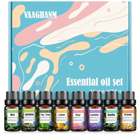 Ätherische Öle für Diffusoren für zu Hause,8x10 ml Aromatherapie-Ölset – Teebaum, Minze, Jasmin, Vanille, Zitrone, Rose, Orange und Lavendel