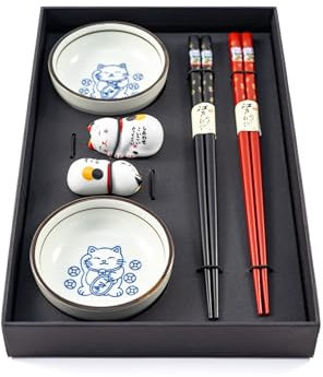 Palillos japoneses reutilizables. Palillos chinos de bambu natural para sushi. Apto para lavavajillas. Con soporte cerámico y cuenco para salsa de soja (2 pares de palillos con soporte y cuenco)