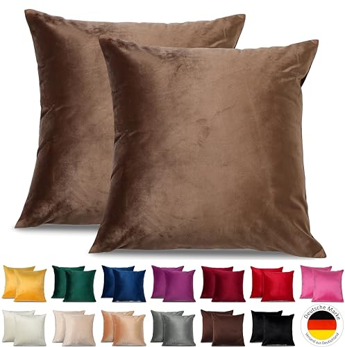 Emilie-Textil 2er Set SAMT Kissenbezug, Decorative Kissenhülle, Sofakissenbezug mit Verstecktem Reißverschluss, 14, Größen 40X40 / 45X45 / 50X50cm (2, Caramell, 40X40)
