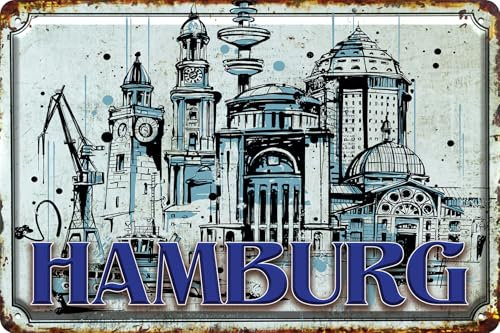 Deko Blechschild für Hamburg Fans, Liebhaber, Souvenir, Tourismus, Erinnerung, Sehenswürdigkeit, Geschenk Schild, 20 x 30 cm (Hamburg 2)