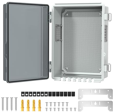 Joinfworld Vented Outdoor Enclosure Box, WiFi Enclosure Waterproof Electrical Box 11.8x6.7x5.6 Plastic Clear with Mounting Panel Stainless Steel Dust Screen