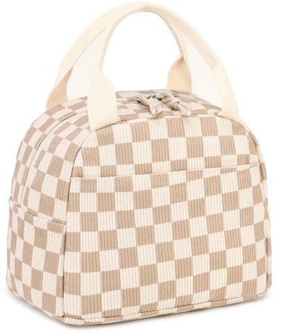 LEDAOU caja de almuerzo aislada mujeres bolsa de almuerzo reutilizable pana almuerzo bolso bolso a prueba de fugas refrigerador térmico almuerzo caso gran capacidad (pana rejilla blanca marrón)