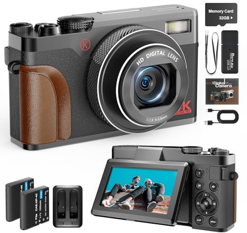 NBD 64MP Digital Camera with 5K Vlogging Capability, 180° Flip Screen, 18X Zoom - Compact Point and Shoot Camera for Beginners, Includes 32GB SD Card and 2 Batteries (Black)