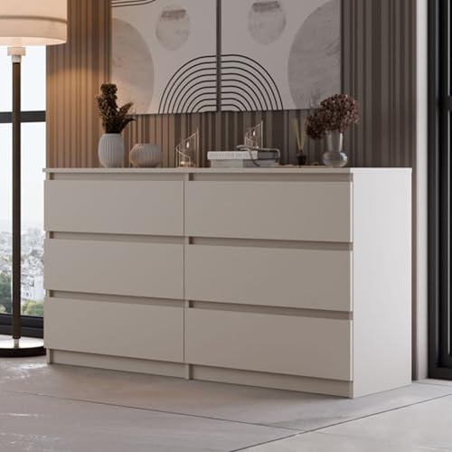 Home Collective Kommode, Schlafzimmer Flur, Schrank, Sideboard, Highboard mit 6 Schubladen, Breite 140 cm Höhe 75 | Beige Perfekt für Wohnzimmer, Schlafzimmer oder Esszimmer
