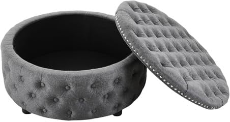 INMOZATA Round Storage Ottoman with Storage Chesterfield Footstool Coffee Table Button Tufted Window Seat Upholstered Large Footstool Linen Bed End Stool for Living Room Bedroom Hallway,Dark Grey