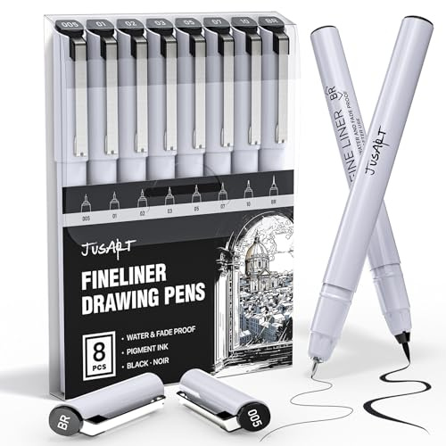 JusArt Fineliner Stifte, 8 Größen, ultrafein, feine Spitze & Pinsel, wasserdichte schwarze Pigmenttinte Zeichenstifte für Illustration, Skizzieren, Schreiben, Journaling, Bibeljournaling, technische