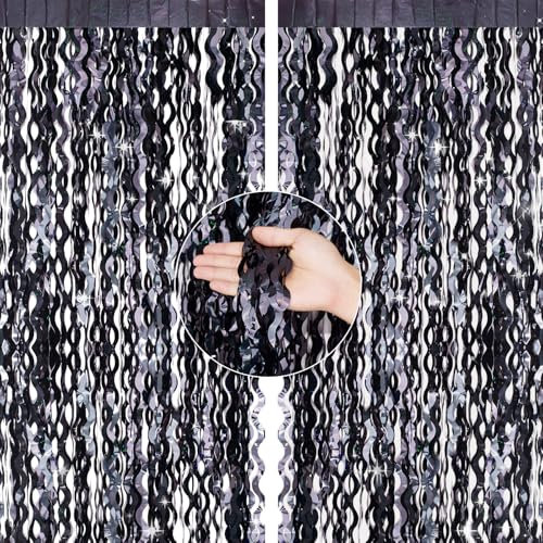 G2PLUS Wavy Glitter Black Foil Curtains, 2PCS Metallic Tinsel Curtain, 1m×2m Party Backdrop Streamers, Wave Tinsel Foil Fringe Curtains for Birthday Wedding Prom Party Decoration