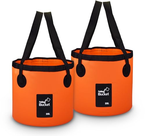 2 Pack Folding Bucket, 20L Orange Handy Folding Bucket for Camping, Plumbing, Cleaning, Traveling, Hiking, Fishing (Orange 2 Pack, 20L)