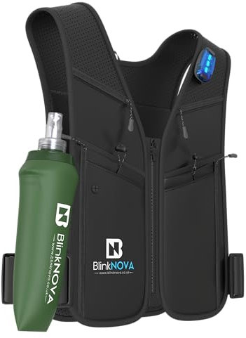 BlinkNova Running Vest with Phone Holder, Reflective Hydration Vest with Adjustable Waistband and Collapsible Water Bottle, Adjustable Unisex Hiking Accessories (Front Zipper - XS/S)
