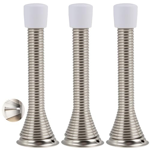 3 Wall Mounted Chrome Spring Door Stop Sprung Skirting Board Metal Protector, Includes Fixing Screws, for Home and Office Use